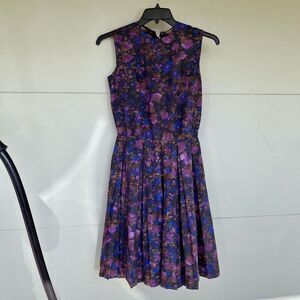 Vintage 50s Floral Dress XS–S Pleated Skirt Talon Zipper Moody Purple Blue